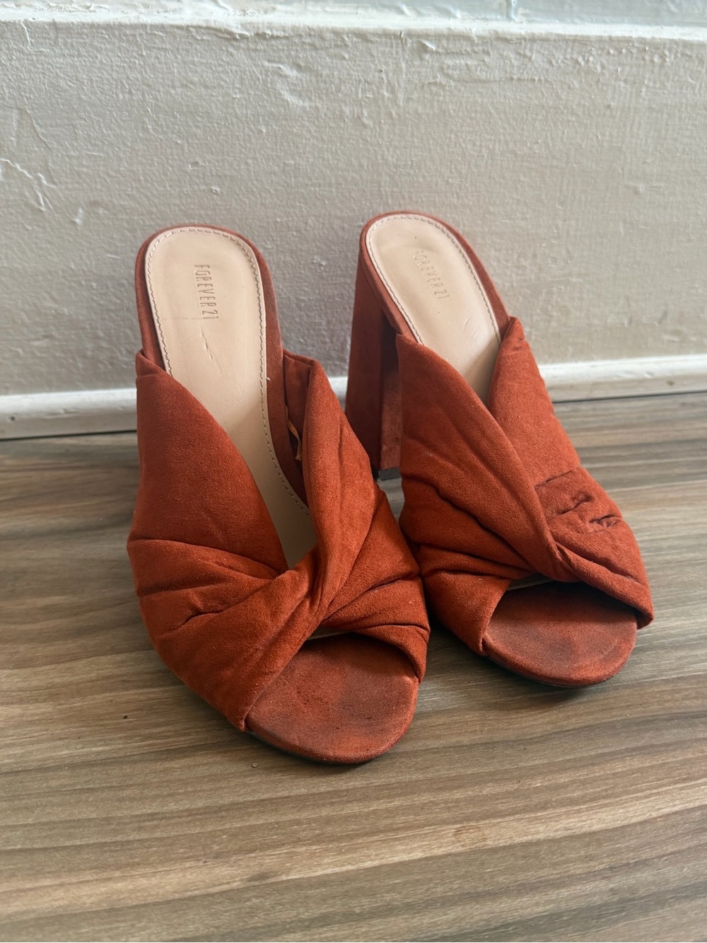 Forever 21 Rust Knotted Suede Block Heel Mules